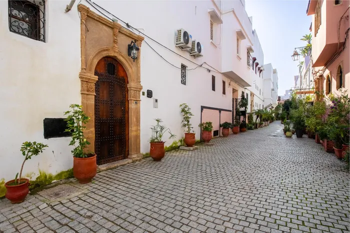 La rue du riad dans la médina, pavée et bordée de plantes
